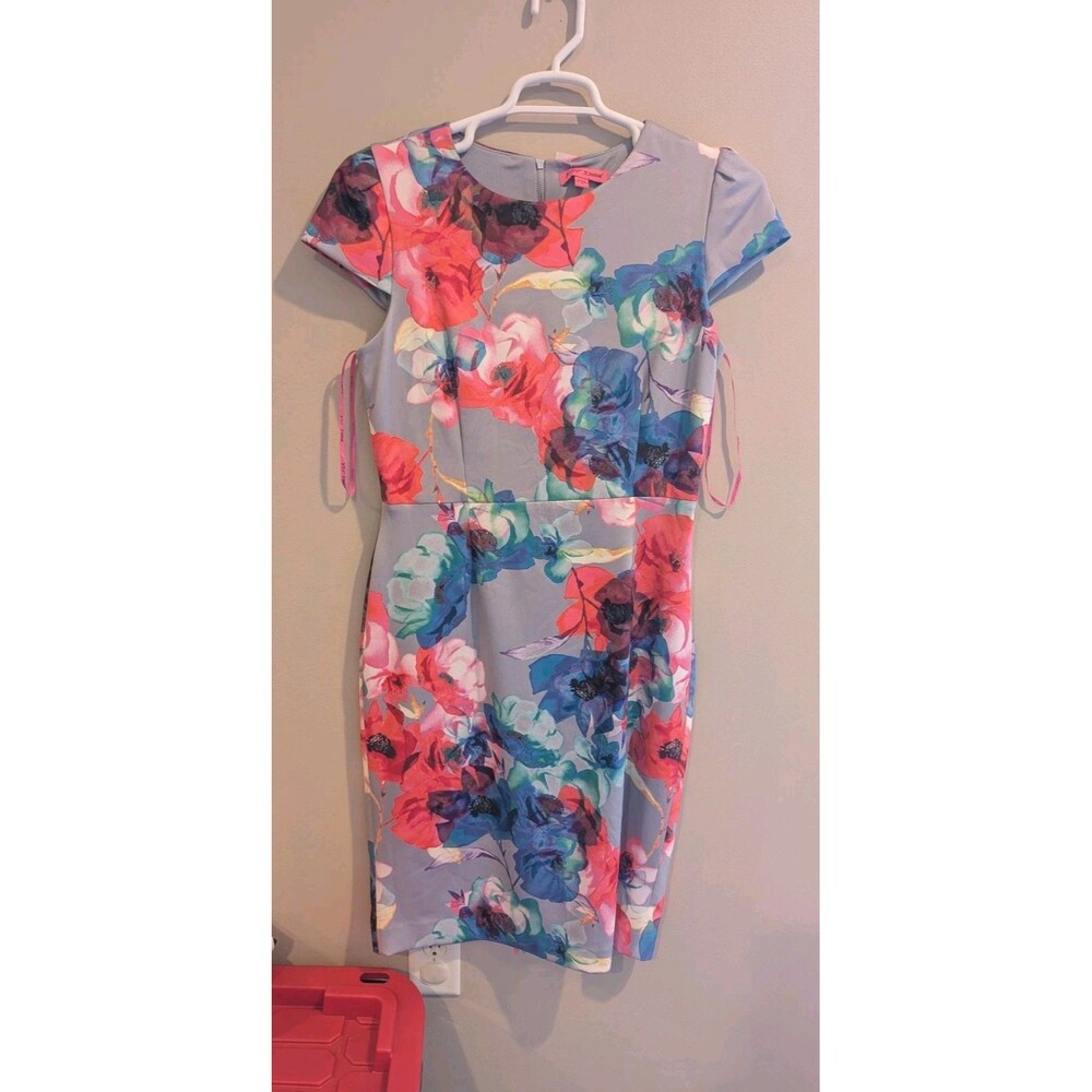 Betsey Johnson Sz 12 Floral Print Cap Sleeve Stretch Dress Zipper Artsy Spring
